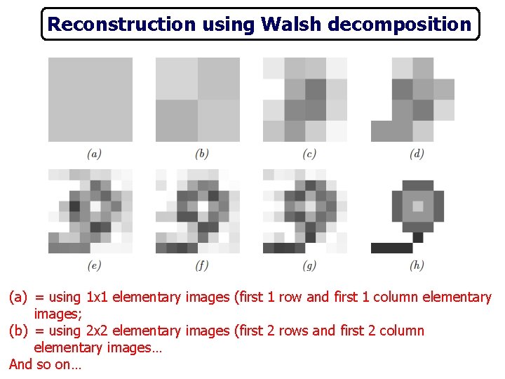 Reconstruction using Walsh decomposition (a) = using 1 x 1 elementary images (first 1