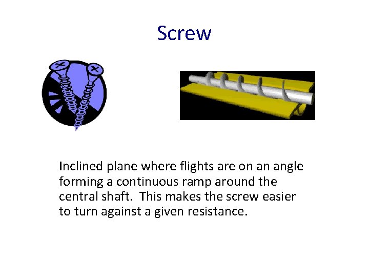 Screw Inclined plane where flights are on an angle forming a continuous ramp around