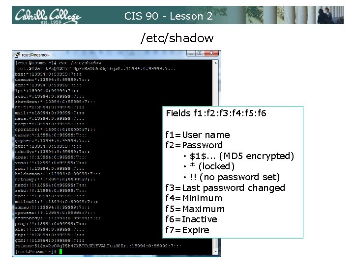 CIS 90 - Lesson 2 /etc/shadow Fields f 1: f 2: f 3: f