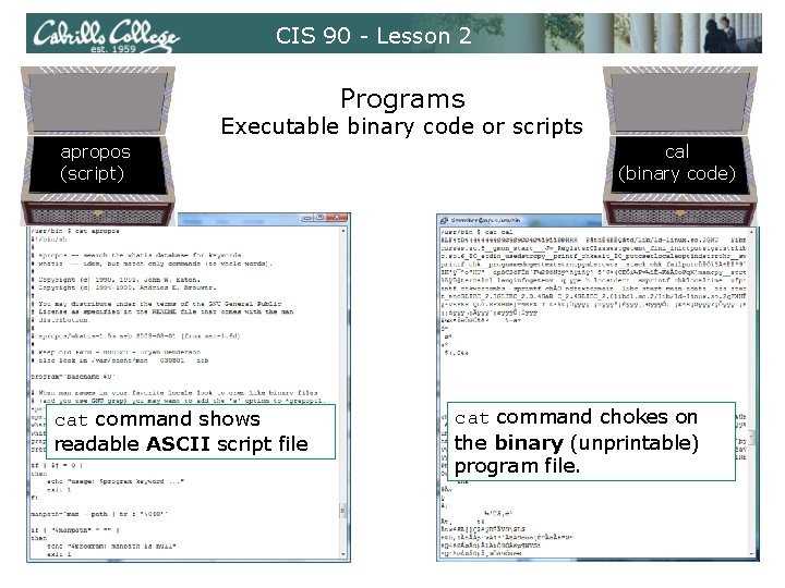 CIS 90 - Lesson 2 Programs Executable binary code or scripts apropos (script) cat