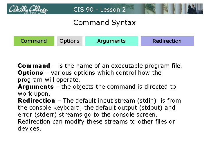 CIS 90 - Lesson 2 Command Syntax Command Options Arguments Redirection Command – is