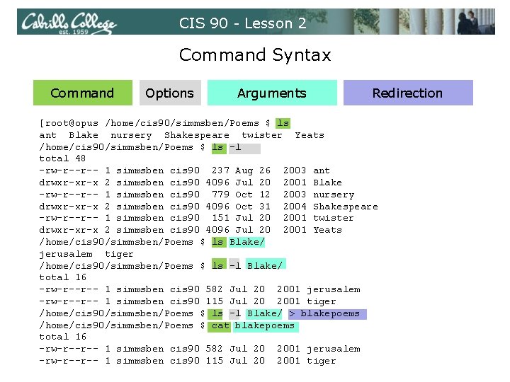 CIS 90 - Lesson 2 Command Syntax Command Options Arguments Redirection [root@opus /home/cis 90/simmsben/Poems