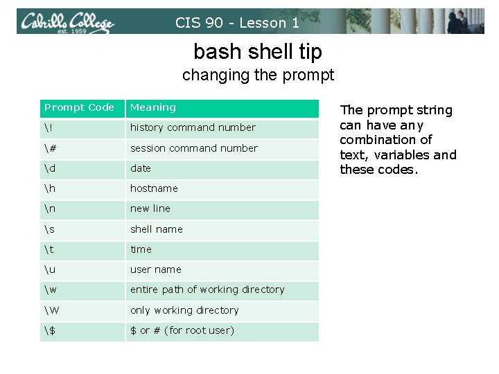 CIS 90 - Lesson 1 bash shell tip changing the prompt Prompt Code Meaning