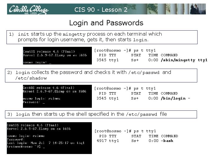 CIS 90 - Lesson 2 Login and Passwords 1) init starts up the mingetty