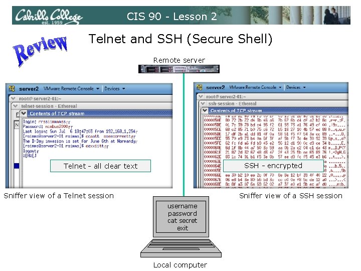 CIS 90 - Lesson 2 Telnet and SSH (Secure Shell) Remote server SSH -