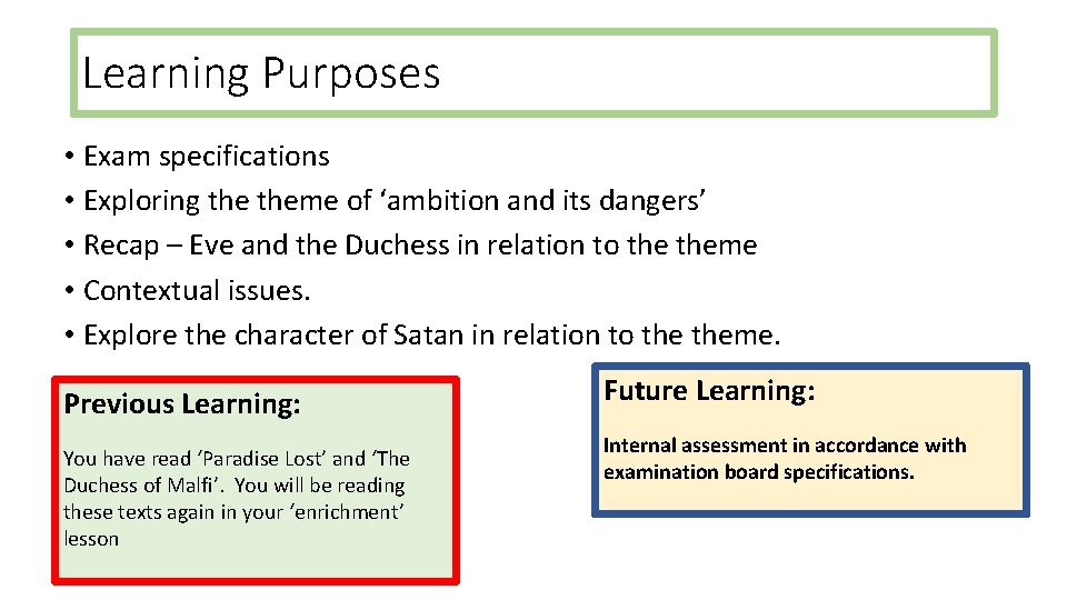 Learning Purposes • Exam specifications • Exploring theme of ‘ambition and its dangers’ •