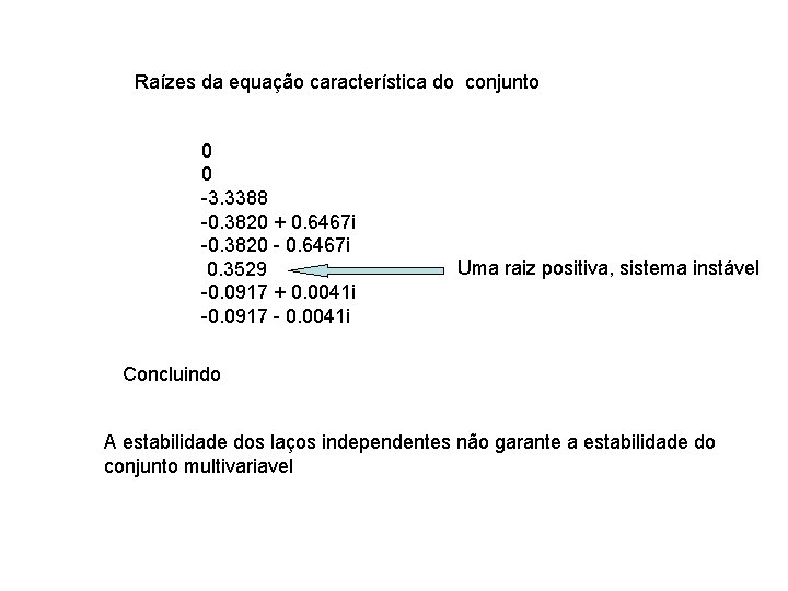 Raízes da equação característica do conjunto 0 0 -3. 3388 -0. 3820 + 0.