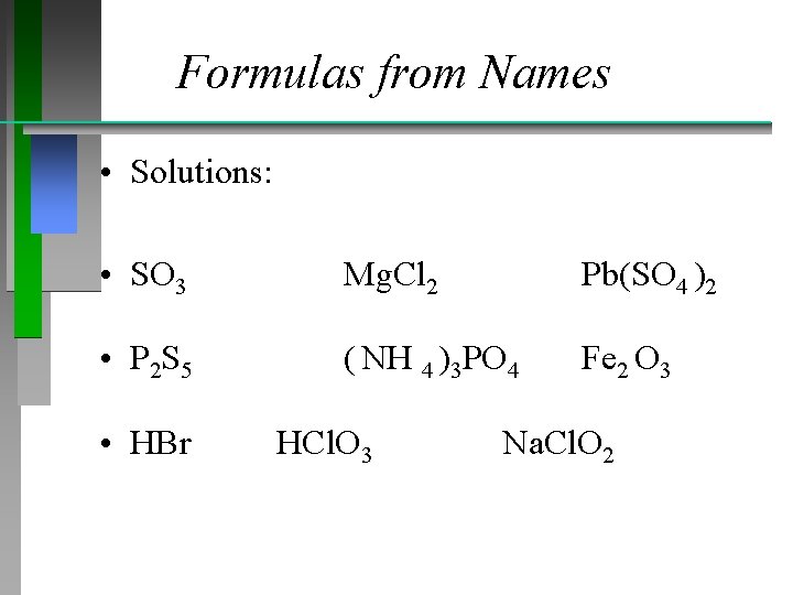 Formulas from Names • Solutions: • SO 3 Mg. Cl 2 Pb(SO 4 )2