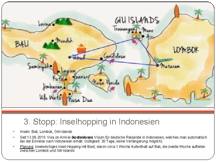 3. Stopp: Inselhopping in Indonesien • Inseln: Bali, Lombok, Gili-Islands • Seit 13. 06.