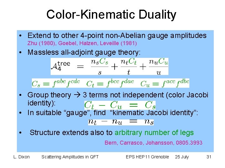 Color-Kinematic Duality • Extend to other 4 -point non-Abelian gauge amplitudes Zhu (1980), Goebel,