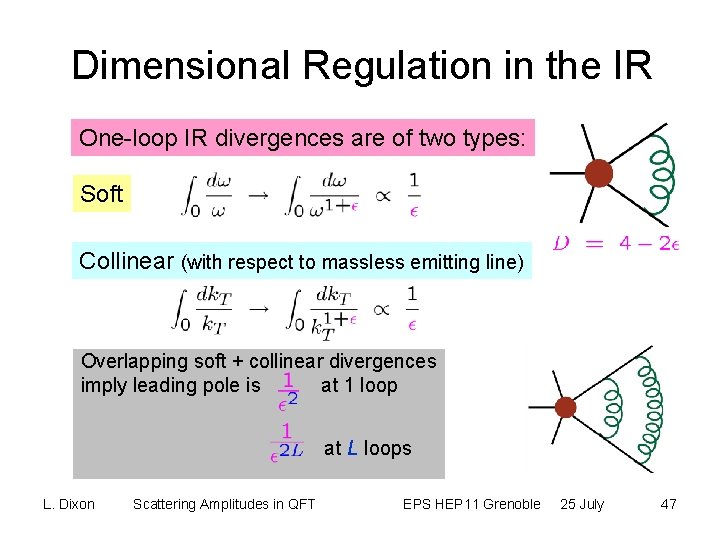 Dimensional Regulation in the IR One-loop IR divergences are of two types: Soft Collinear