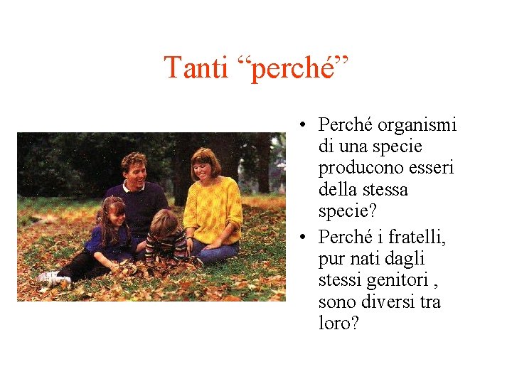 Tanti “perché” • Perché organismi di una specie producono esseri della stessa specie? •