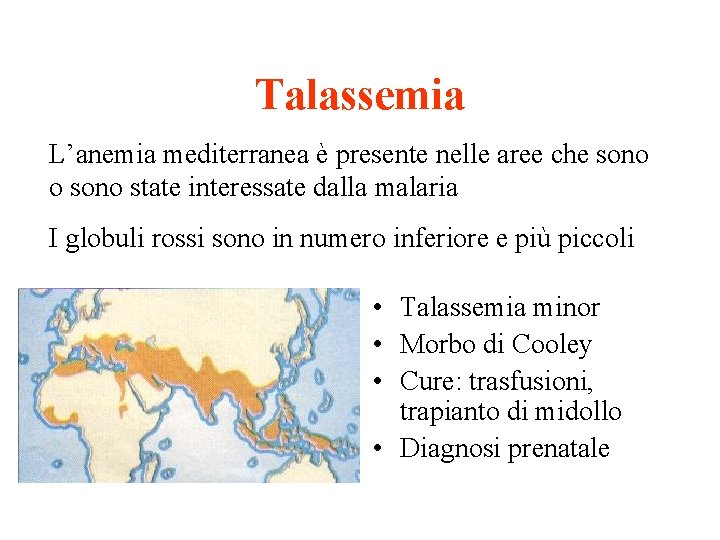 Talassemia L’anemia mediterranea è presente nelle aree che sono o sono state interessate dalla