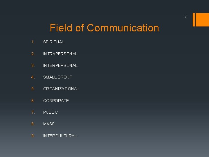 2 Field of Communication 1. SPIRITUAL 2. INTRAPERSONAL 3. INTERPERSONAL 4. SMALL GROUP 5.
