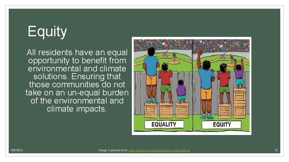 Equity All residents have an equal opportunity to benefit from environmental and climate solutions.