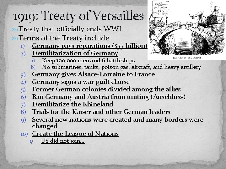 1919: Treaty of Versailles Treaty that officially ends WWI Terms of the Treaty include
