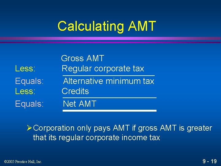 Calculating AMT Less: Equals: Gross AMT Regular corporate tax Alternative minimum tax Credits Net