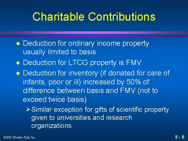 Charitable Contributions l l l Deduction for ordinary income property usually limited to basis