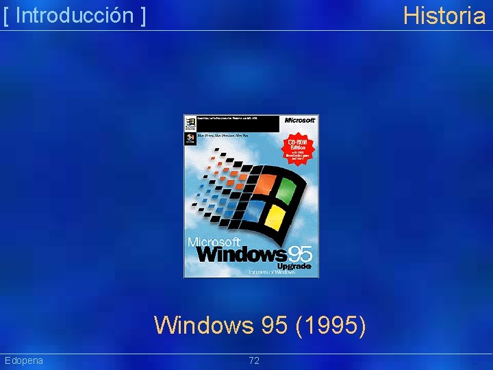 Historia [ Introducción ] Windows 95 (1995) Edopena 72 Präsentat ion 