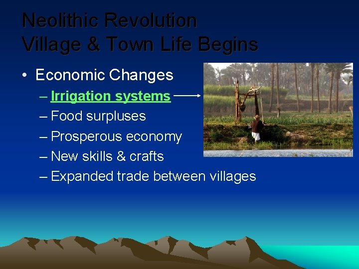 Neolithic Revolution Village & Town Life Begins • Economic Changes – Irrigation systems –