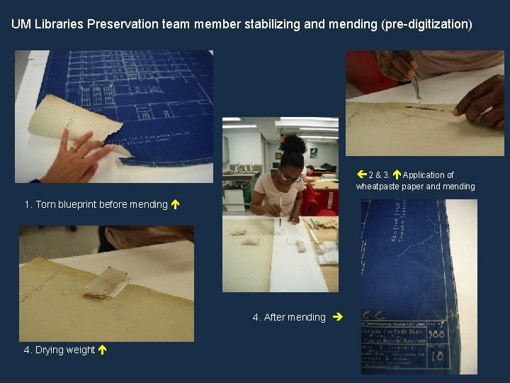 UM Libraries Preservation team member stabilizing and mending (pre-digitization) 2 & 3. Application of UM Libraries Preservation team member stabilizing and mending (pre-digitization) 2 & 3. Application of