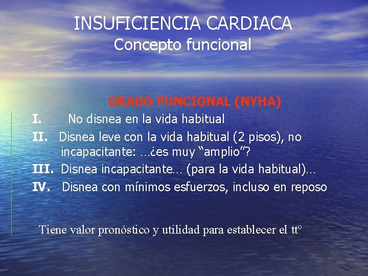 INSUFICIENCIA CARDIACA Concepto funcional GRADO FUNCIONAL (NYHA) I. No disnea en la vida habitual INSUFICIENCIA CARDIACA Concepto funcional GRADO FUNCIONAL (NYHA) I. No disnea en la vida habitual