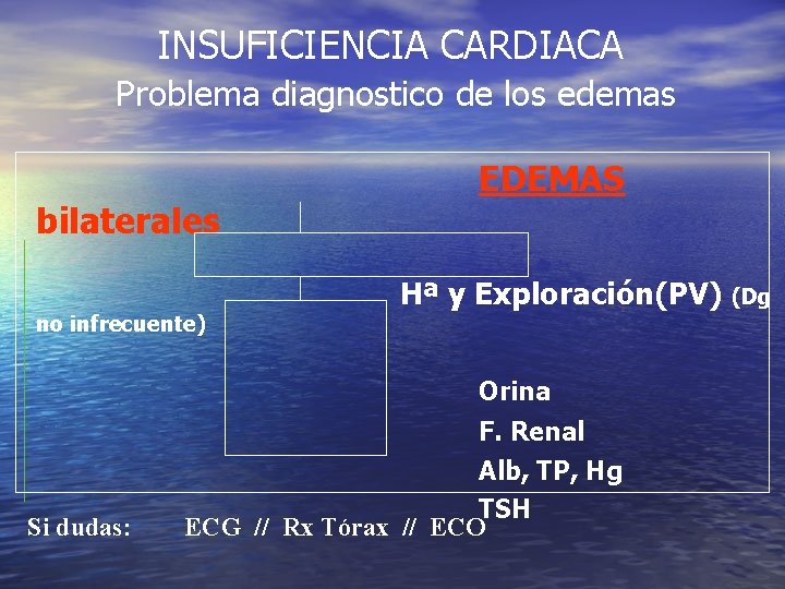 INSUFICIENCIA CARDIACA Problema diagnostico de los edemas bilaterales no infrecuente) EDEMAS Hª y Exploración(PV) INSUFICIENCIA CARDIACA Problema diagnostico de los edemas bilaterales no infrecuente) EDEMAS Hª y Exploración(PV)
