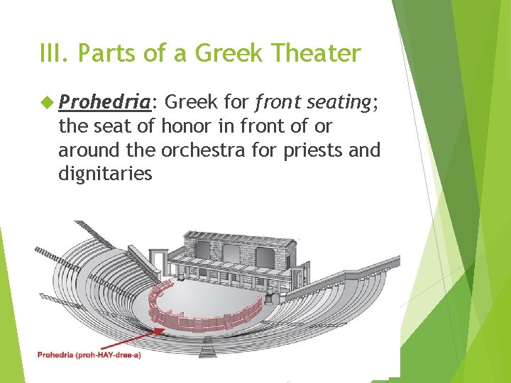 III. Parts of a Greek Theater Prohedria: Greek for front seating; the seat of