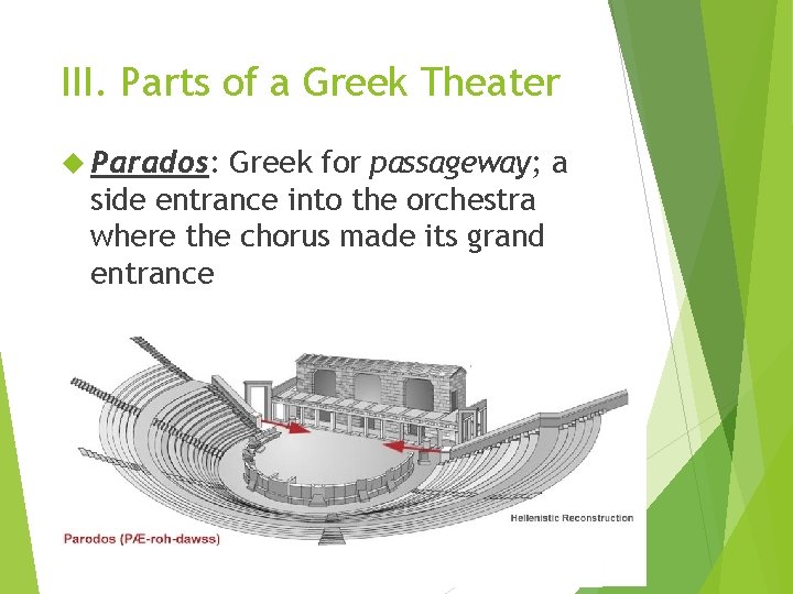 III. Parts of a Greek Theater Parados: Greek for passageway; a side entrance into