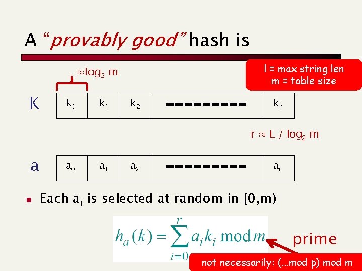 A “provably good” hash is l = max string len m = table size