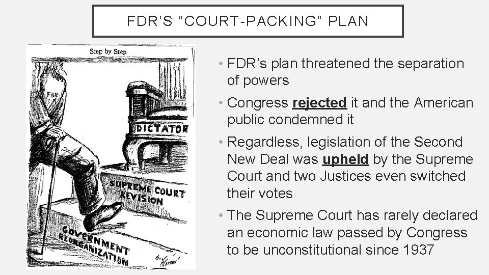 FDR’S “COURT-PACKING” PLAN • FDR’s plan threatened the separation of powers • Congress rejected