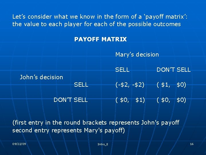 Let’s consider what we know in the form of a ‘payoff matrix’: the value