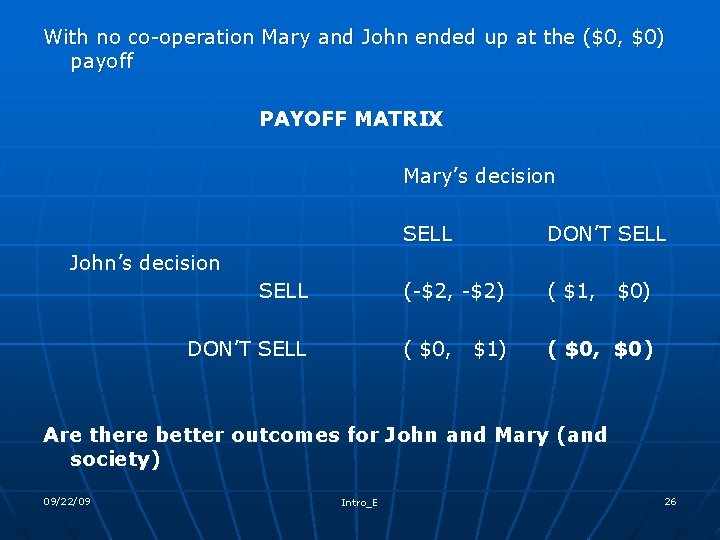 With no co-operation Mary and John ended up at the ($0, $0) payoff PAYOFF