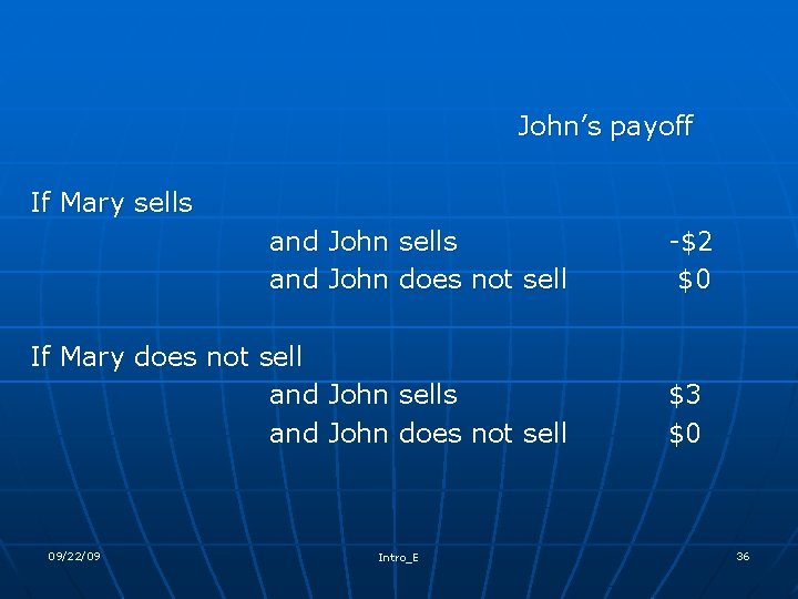 John’s payoff If Mary sells and John does not sell If Mary does not