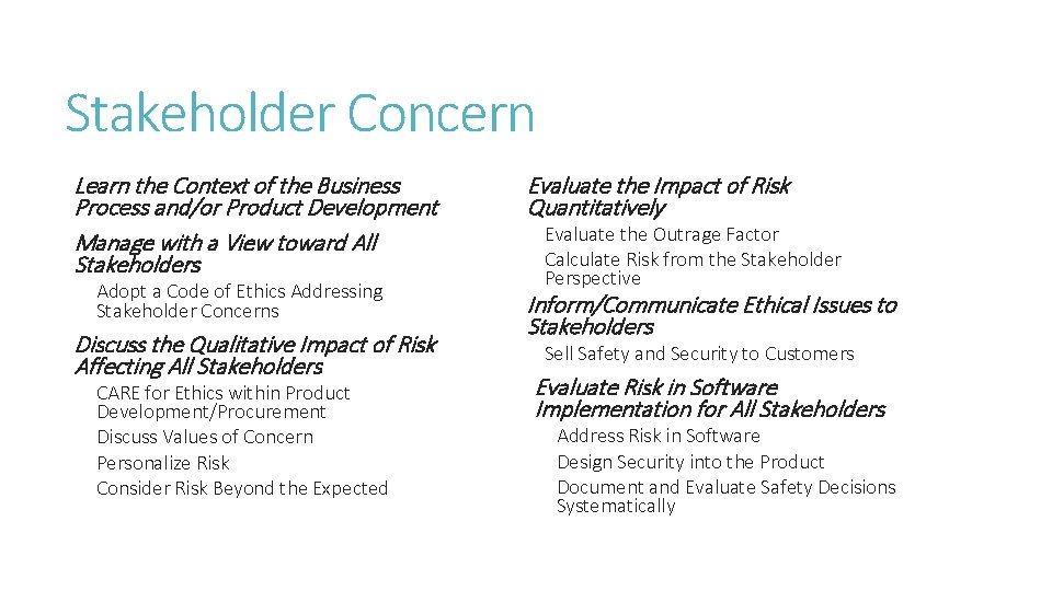 Stakeholder Concern Learn the Context of the Business Process and/or Product Development Manage with