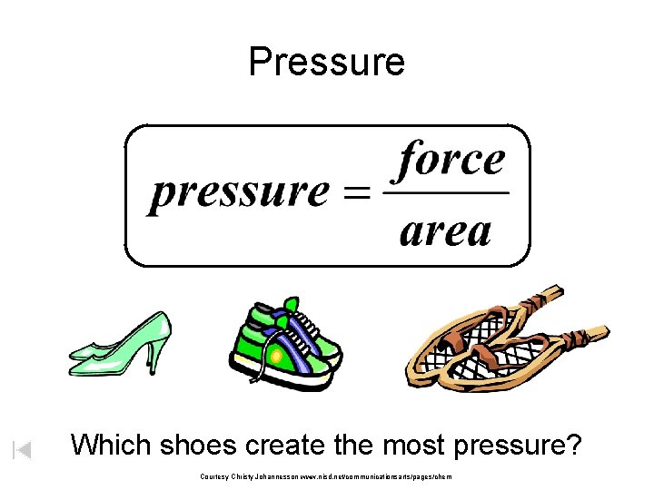 Pressure Which shoes create the most pressure? Courtesy Christy Johannesson www. nisd. net/communicationsarts/pages/chem 