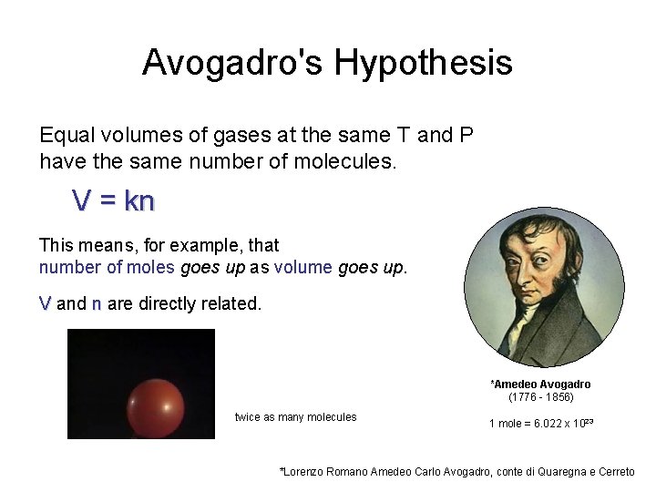 Avogadro's Hypothesis Equal volumes of gases at the same T and P have the