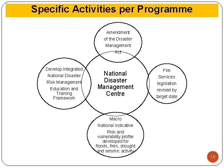 Specific Activities per Programme Amendment of the Disaster Management Act Develop Integrated National Disaster