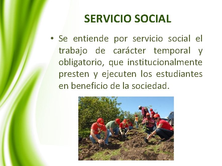 SERVICIO SOCIAL • Se entiende por servicio social el trabajo de carácter temporal y