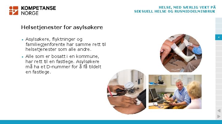 HELSE, MED SÆRLIG VEKT PÅ SEKSUELL HELSE OG RUSMIDDELMISBRUK Helsetjenester for asylsøkere • Asylsøkere,