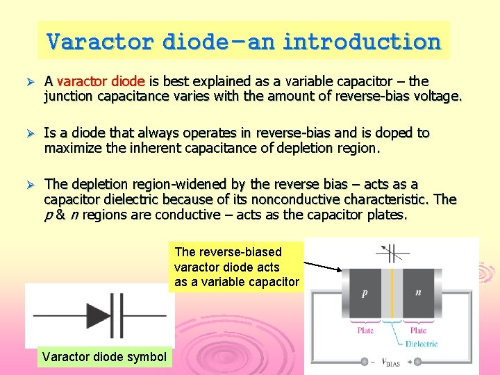 Varactor diode-an introduction Ø A varactor diode is best explained as a variable capacitor