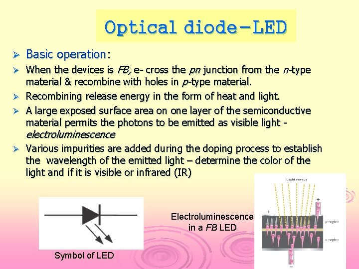 Optical diode-LED Ø Basic operation: When the devices is FB, e- cross the pn