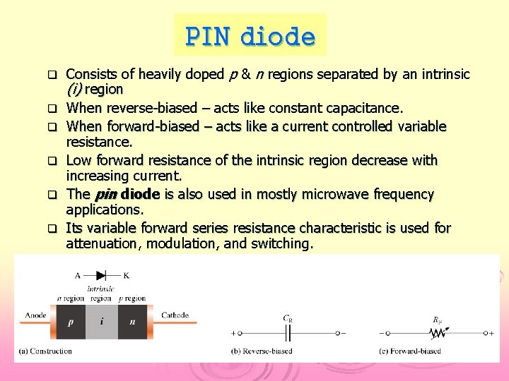PIN diode q q q Consists of heavily doped p & n regions separated
