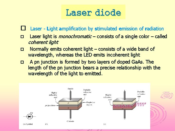 Laser diode Laser - Light amplification by stimulated emission of radiation Laser light is