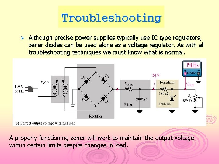Troubleshooting Ø Although precise power supplies typically use IC type regulators, zener diodes can