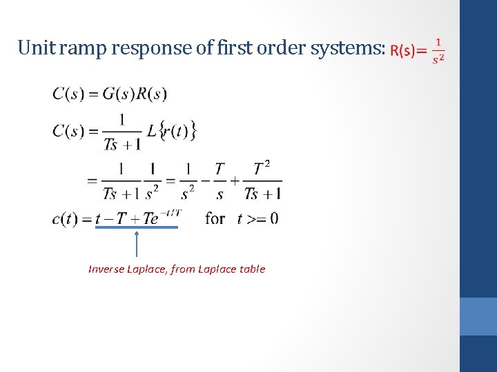 Unit ramp response of first order systems: Inverse Laplace, from Laplace table 