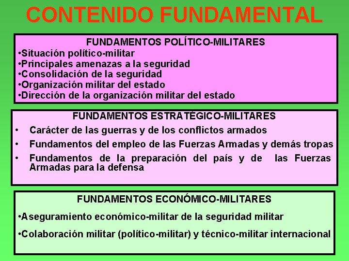 CONTENIDO FUNDAMENTAL FUNDAMENTOS POLÍTICO-MILITARES • Situación político-militar • Principales amenazas a la seguridad •