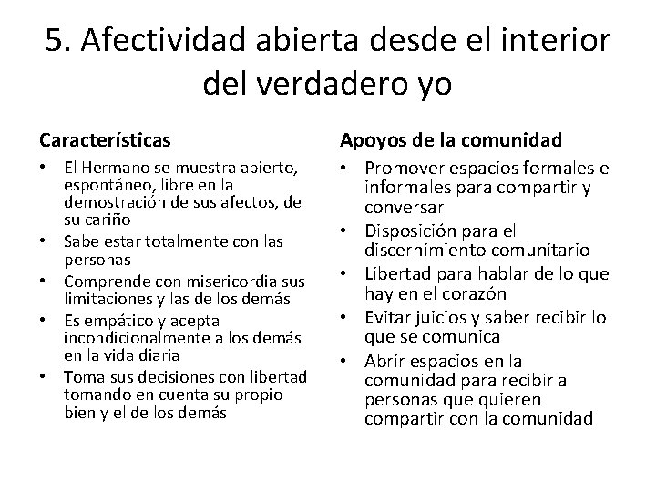 5. Afectividad abierta desde el interior del verdadero yo Características Apoyos de la comunidad