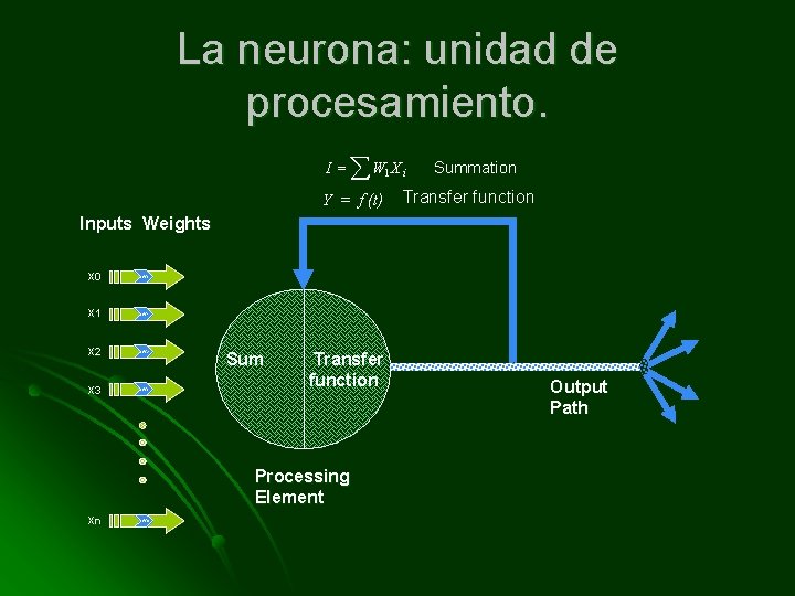 La neurona: unidad de procesamiento. I= åW X 1 Y = f (t) i