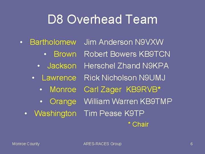 D 8 Overhead Team • Bartholomew • Brown • Jackson • Lawrence • Monroe